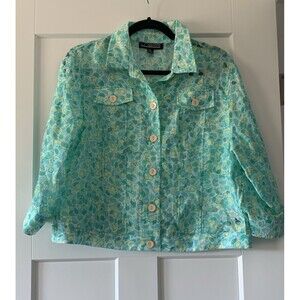 Unear Women's 3/4 Sleeve Floral Button Up Sheer Green Multi-Color Shirt Sz PL